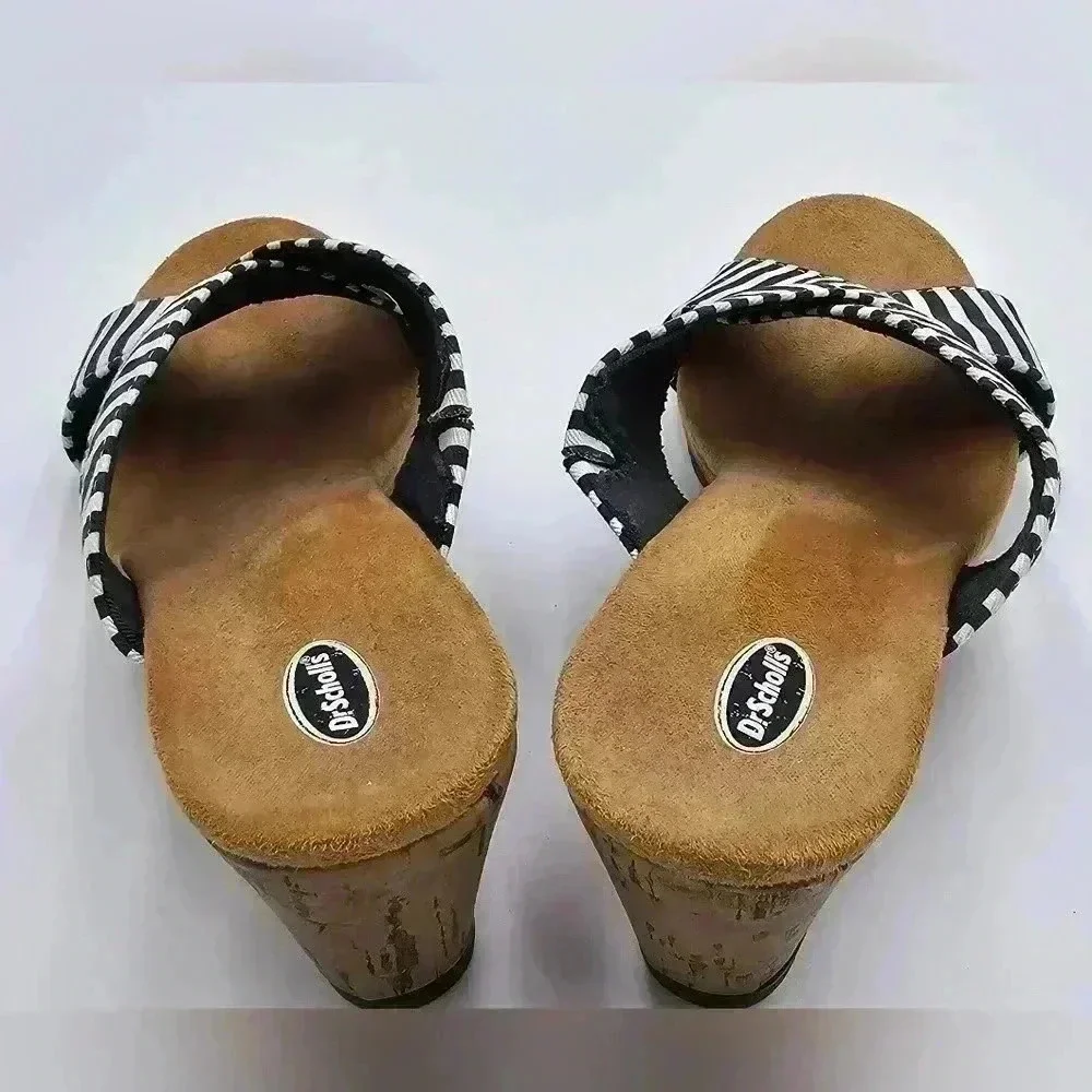 Dr. Scholl's Bali Blue and White Striped Cork Wedge Shoes Womens Size 7.5